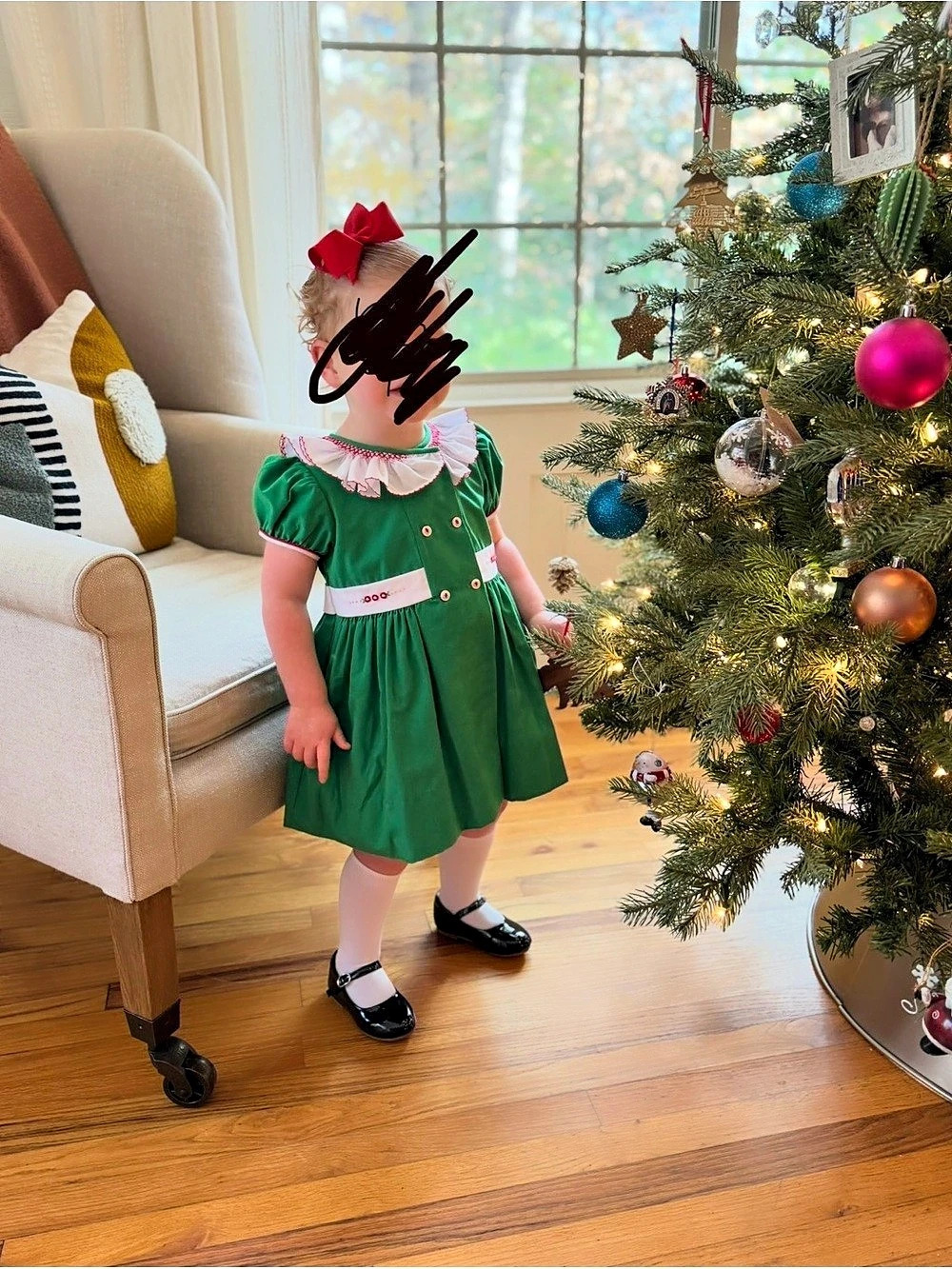 Proper Peony 2T Christmas Green Smocked Waist Dress with White Ruffle Details